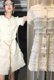 Runway Dress Women Woven Plaid Tweed O-neck Short Sleeve Diamonds Buttons Pearl Chain Tassel Belt Vintage Tweed