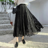 Lace Midi Skirt Woman Solid Color Hollow Out Maxi Long Black Skirts Womens Pleated Korean High Waist Jupe Saias