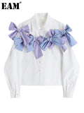 Women White Contrast Color Bow Temperament Blouse New Lapel Long Sleeve Loose Fit Shirt Fashion Spring Autumn 2023