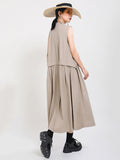 Women Khaki Split Pleated Long Dress New Stand Collar Sleeveless Loose Fit Fashion Tide Spring Summer 2023