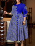 Women's New Fashion Elegant Round Neck Seven-Sleeve Print Spliced African