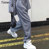 Women Loose Leisure Grey Striped Formal Suit Pants Business Design Female High Waist Wide Leg Trousers Male Office Casual