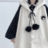 Autumn Winter Kawaii Hoodies Women Japanese Soft Girl Lambswool Cute Panda Ear Oversized Hoodie Preppy Style Button