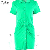 Pleated Turn-Down Collar Button Women Dress Green Sexy Long Sleeve Mini Dresses Fashion Female Streetwear Vestidos