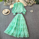 Autumn Lantern Sleeve Long-Sleeved Hollow Lace Splicing Shirt + A Word Half-Dress Dress Dress
