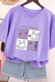 Plus Size T Shirt 100% Cotton L-5XL Tshirt Short Sleeve Women Top 2023 Summer Cartoon T Shirt V Neck Oversized T