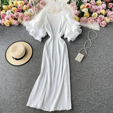 Casual Round Neck Flare Short Sleeve Pleated Long Dress Vintage High Waist Ruffles Female Vestidos New Fashion Robe Mujer