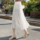 Pleated Skirt Women Vintage Casual Chiffon Shift Long High Waist Skirts Womens Patchwork Midi Saia Black White