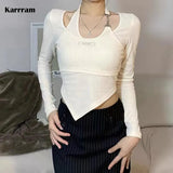 Fake Two Piece Halter Crop Tops Irregular Patchwork Long Sleeve T-shirt Chain Sexy Slim Chic Tops Women Streetwear