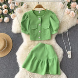 Korean Style Women Summer Two Piece Sets Single Breasted Solid Elastic Waist Mini Skirt Ladies A Line Casual Chic