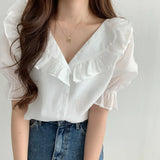 Women Ulzzang Chic Summer Lovely Ruffles Fashion Blusas Ladies Tops All-match Office Lady Clothing Daily Popular