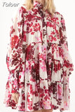Print Floral Mini Dress For Women Lapel Lantern Sleeve High Waist Colorblock Dresses Female Clothing Summer New Fashion