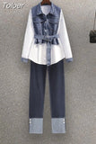 Popular Street Style Elegant Women's Pants Set Fashion Denim Shirt Blue Jeans Two-piece Set Famele Tracksuit