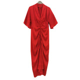TWOTWINSTYLE Sexy Sheath Dress For Women V Neck Half Sleeve High Waist Ruched Solid Midi Dresses Female Summer Fashion