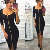 Sexy Pencil Tight Dress Women Bodycon Sheath Dress Black Long Sleeve Party Dresses Women Front Full Zipper Dress