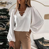 Hollow Out V Neck White Black Women Long Puff Sleeves Blouse Tops Ladies Office Sexy Chain Chiffon Blouse Shirt