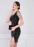 Modest V-neck Sleeveless Sequined Mini Slit Club