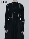 Women Black Brief Topstitched Slim Casual T-shirt New Turtleneck Long Sleeve Fashion Tide Spring Autumn 2023