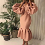 African Large-Size Women's Fashion Pure-Color V-Neck Bubble Long-Sleeved Fishtail Skirt