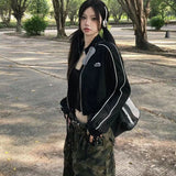 Grunge Zip Up Hoodie Streetwear Women Korean Fashion Casual Slim Sweatshirts Striped Black Long Sleeve Cropped