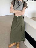 Grunge Cargo Skirt Long Women Acubi Fashion High Waist Drawstring Vintage Y2k Pocket Patchwork A-line Skirt