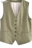 MODA 2023 Summer Women Fashion Front Button Fitted Waistcoat Vintage Sleeveless Welt Pockets Female Outerwear Chic Vest
