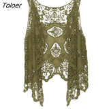 Hippie Froral Patch Design Vest Retro Vintage Crochet Summer Beach Cover Up Top Asymmetric Open Stitch Kimono