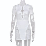 Sisterlinda Autumn Sexy See Through Bodycon Mini Dress Women Casual Street Short Sleeve Hollow Out Party Clubwaer Female