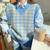 Women Sweater Vest Autumn Houndstooth Plaid V-neck Sleeveless Knitted Vintage Loose Oversized Female Sweater Vest Women