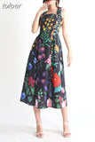 Print Dresses For Women Square Collar Sleeveless High Waist Folds Temperament Casual Dress Female Summer Fashion