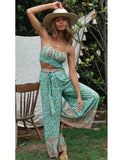 Boho Vintage Pattern Print Women 2 Piece Set Spring 2023 Midriff Baring Wide Leg Pant Retro Chic Beach Vacation Women