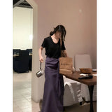 Summer New Relaxation Black Short-Sleeved T-Shirt Blouse High-Waist Purple Color Tying Strap A-Word Half-Dress