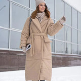 Long Parkas Women Fashion Winter New Tie Belt Coats Women Elegant Solid Covered Button Cotton Jackets Female