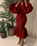 African Large-Size Women's Fashion Pure-Color V-Neck Bubble Long-Sleeved Fishtail Skirt