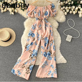 Women Off Shoulder Strap Dress Slash Neck Short Sleeve Wide Leg Jumpsuits Summer Bohemian Print Vacation Long