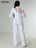 White Polka Dot Mesh Women's Jumpsuit Office Lady Business Workwear Long Sleeve Straight Overalls Spring Autumn