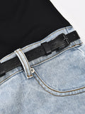 Fashion Women's Contrasting Color Patchwork Jeans Elastic Waist Strap Design Straight Denim Calf-Length Pants