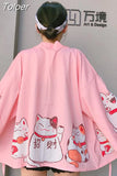 2023 Japanese Kimonos Cat Print Cardigan Harajuku Loose Kimono Pink Blouses feminino Outerwear Shirts Women Coats