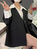 Fashion Women Blazers Fake 2 Pcs Shoulder Pads Single Breasted Spliced Contrast Color Suit Jackets Summer 2023 New