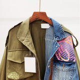 2023 Spring Autumn High Quality Lapel Long Sleeve Fake Two Piece Denim Patchwork Vintage Coat Women Jacket