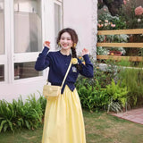 Style Blue Embroidered Long-Sleeved Knitted Cardigan Women Early Spring Wool Sweater Short Thin Inside