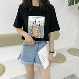 Oil Painting Print T-shirt Women Short Sleeve Loose 100% Cotton Shirt 2021 Female Basic Tops Summer Ladies Tees