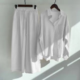 Fashion Lapel Women Two Piece Suit Cotton Linen Shirt High Waist Casual Pants Oversized Suit Women Sweatshirt