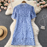 Straight Summer Women Lace Dress 2022 Zipper Sexy Hollow Out Slim Vacation Ladies French Style Midi