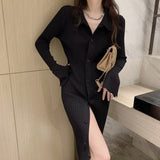 Autumer Winter Knit Casual Long Sleeve Button Elegant Chic POLO Collar Slim Sweater Dress for Women Vintage Korean