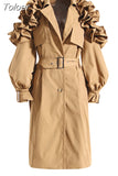 Fashion Women's Trench Coat Lapel Single Breasted Shoulder Ruffle Long Sleeve Belt Windbreaker Autumn 2023 New