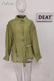 Fashion Women's Shirt Lapel Lace Up Waist Retraction Single Braested Long Sleeve Solid Color Blouse Summer 2023 New