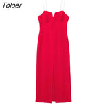 ZBZA 2023 Spring Summer Women V Neck Backless Split Midi Bodycon Bandage Dress Female Evening Elegant Party Dress