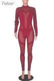 Mesh Patchwork Women's Long Jumpsuit Full Sleeve Turtleneck See Through One Piece Clothing Hipster Attirewear