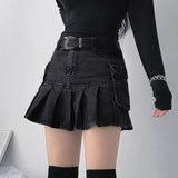 Punk Black Denim Mini Skirt Pleated Women Sexy Grunge High Waisted Pocket Patchwork A-line Jean Skirt E Girl